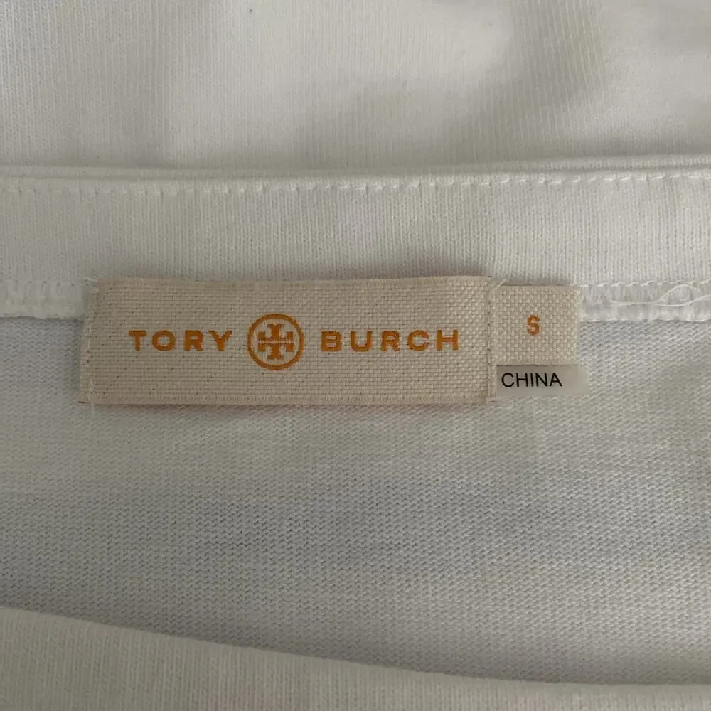 Tory Burch Kendall Blouse White Cotton Boatneck Blue Grosgrain Ribbon Stripe S
